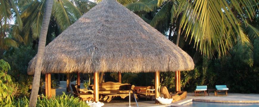 Thatched pool pavilion in Bahamas