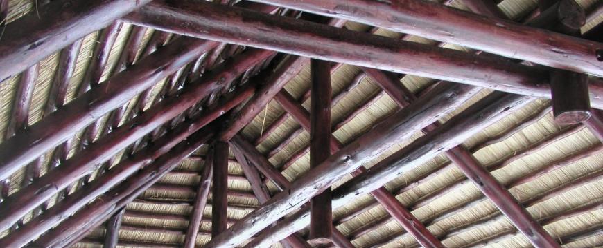 Bali thatch tiki hut interior cross beams 